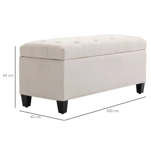 Panca imbottita con contenitore 100 x 40 x 44 cm, crema bianco, in poliestere con gambe in legno di caucciù