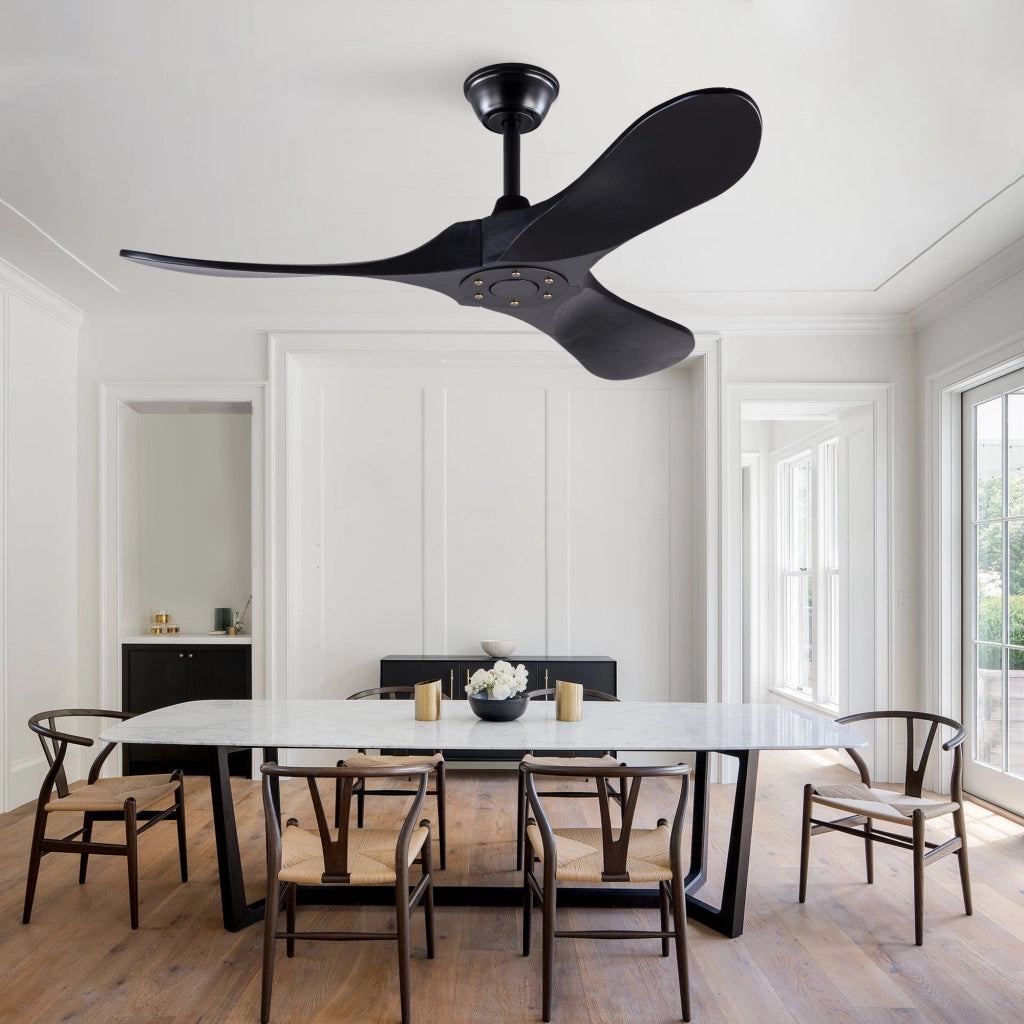 Ventilatore da soffitto nero design moderno 52 pollici, 3 pale legno massello, senza illuminazione, motore DC reversibile silenzioso