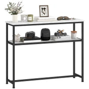 Console da Ingresso Stretta con Superficie Effetto Marmo Mensola Aperta e Struttura in Metallo 100x30x81 cm Bianco