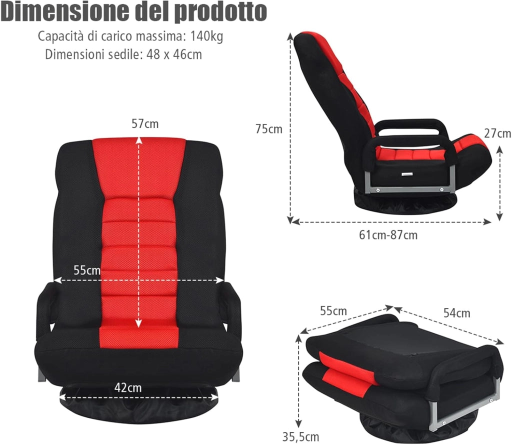 Poltrona Relax da Pavimento, Sedia da Pavimento Pieghevole, Sedia da Terra Girevole a 360°, per Salotto Camera da Letto, Portata 140 kg (Rosso)