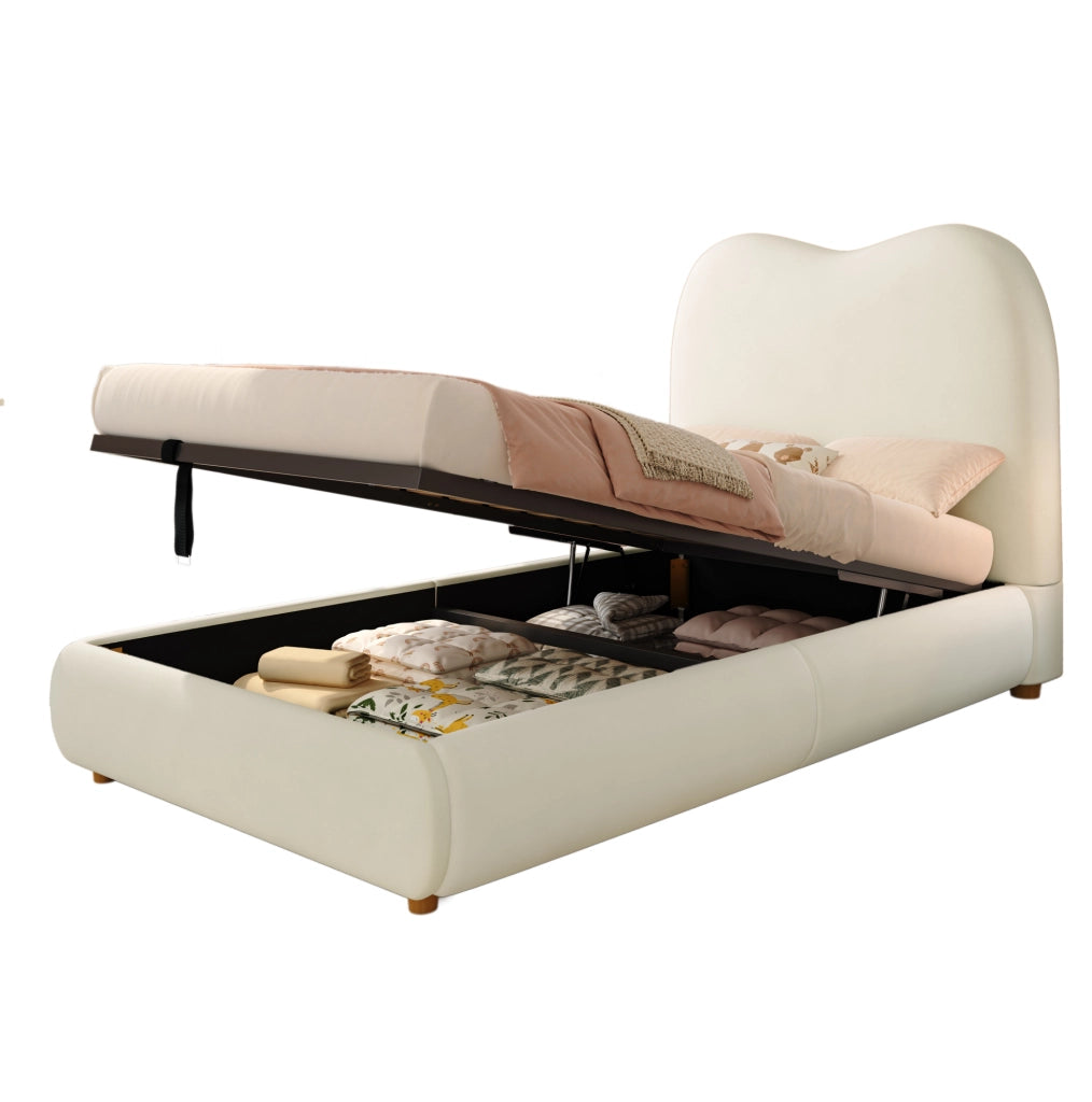 Letto imbottito per bambini in velluto beige con contenitore e rete a doghe