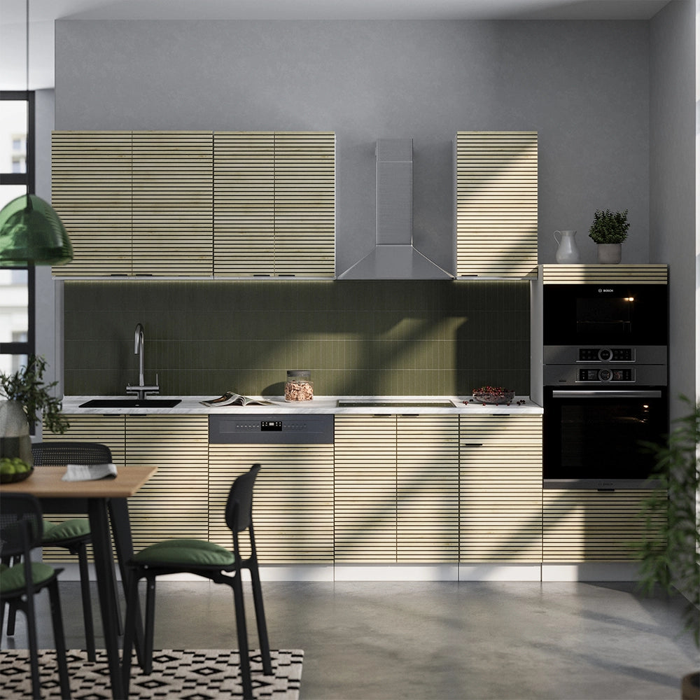 Cucina componibile Fame-Line Pannello in quercia/Bianco 300 cm con armadio alto, PL Marmo Vicco