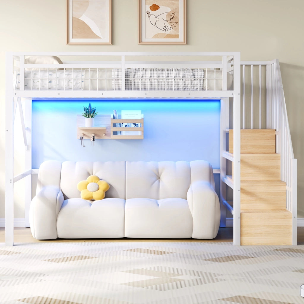 Letto a soppalco singolo 90×200 cm con LED e scale con vano contenitore; senza materasso; metallo; bianco