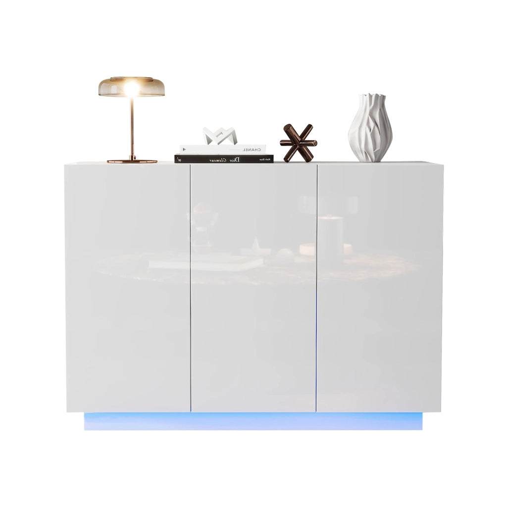 Credenza bianca lucida con luce LED, 120x40x75 cm, in pannello truciolare, con ante regolabili e capacit¨¤ 60 kg