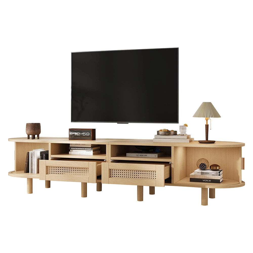 Mobile TV Ovale 170x40x40cm - Xylo - 2 Cassetti in Vimini, 2 Ante Scorrevoli, Legno