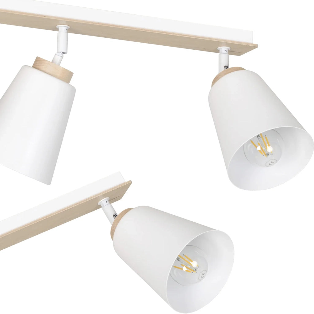 Plafoniera Spot Faretti Orientabili 3 Luci Xiwangmu Acciaio Bianco E Legno Naturale