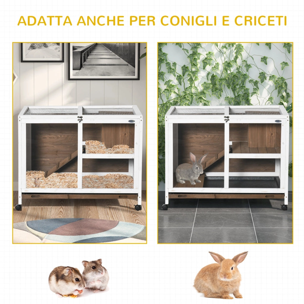 Conigliera a 2 Livelli con Casetta Rampa e Vassoio Estraibile 91,5x53,3x73 cm in Legno di Abete Marrone