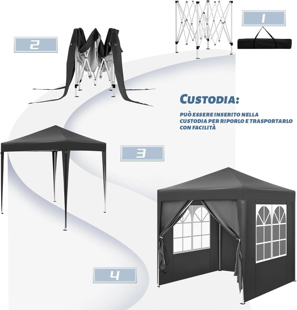 Gazebo Pieghevole da Giardino, Gazebo Impermeabile Pop Up da 2x2m con Pannelli Laterali, Tendone Esterno, Altezza Regolabile, Protezione UV, con Custodia, Antracite