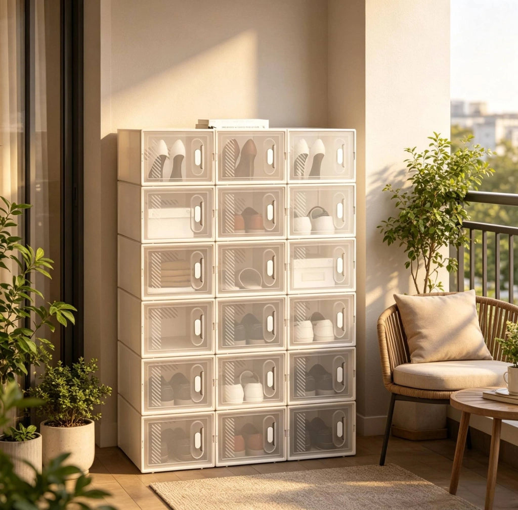 Set 18 scatole portascarpe ULEVR 25x18,5x35,5 cm impilabili con coperchio frontale, plastica trasparente e bianca
