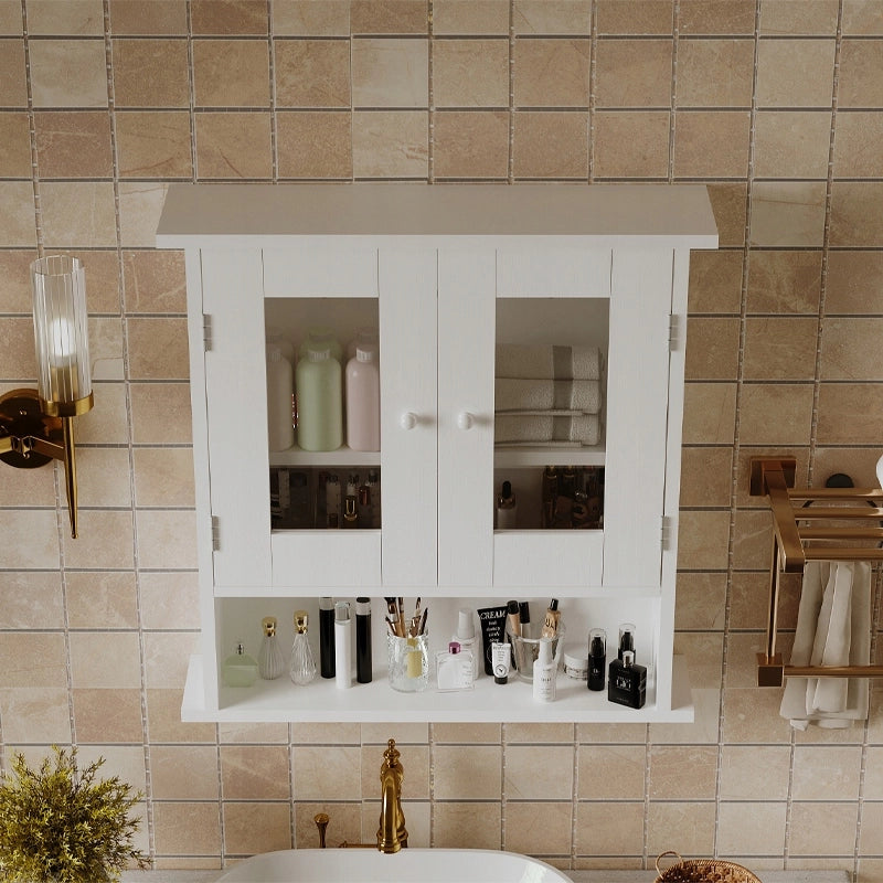 MOBILE DA BAGNO SOSPESO BIANCO A 2 ANTE IN VETRO DA PARETE CON RIPIANI