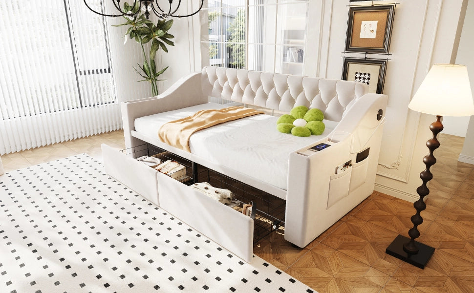 Letto divano con funzione letto in velluto beige 90x190 cm