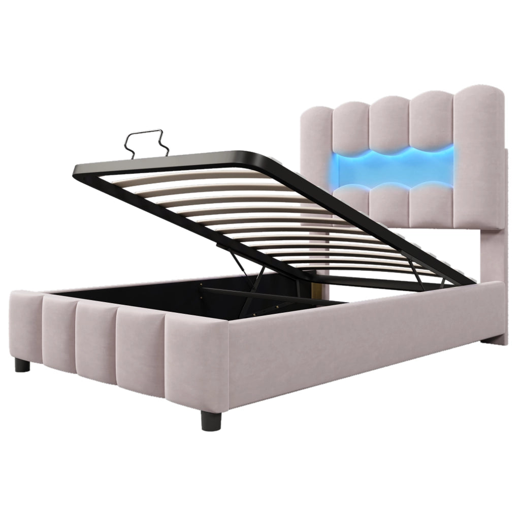 Letto contenitore singolo con LED regolabile e testiera regolabile 90 × 200 cm; senza materasso