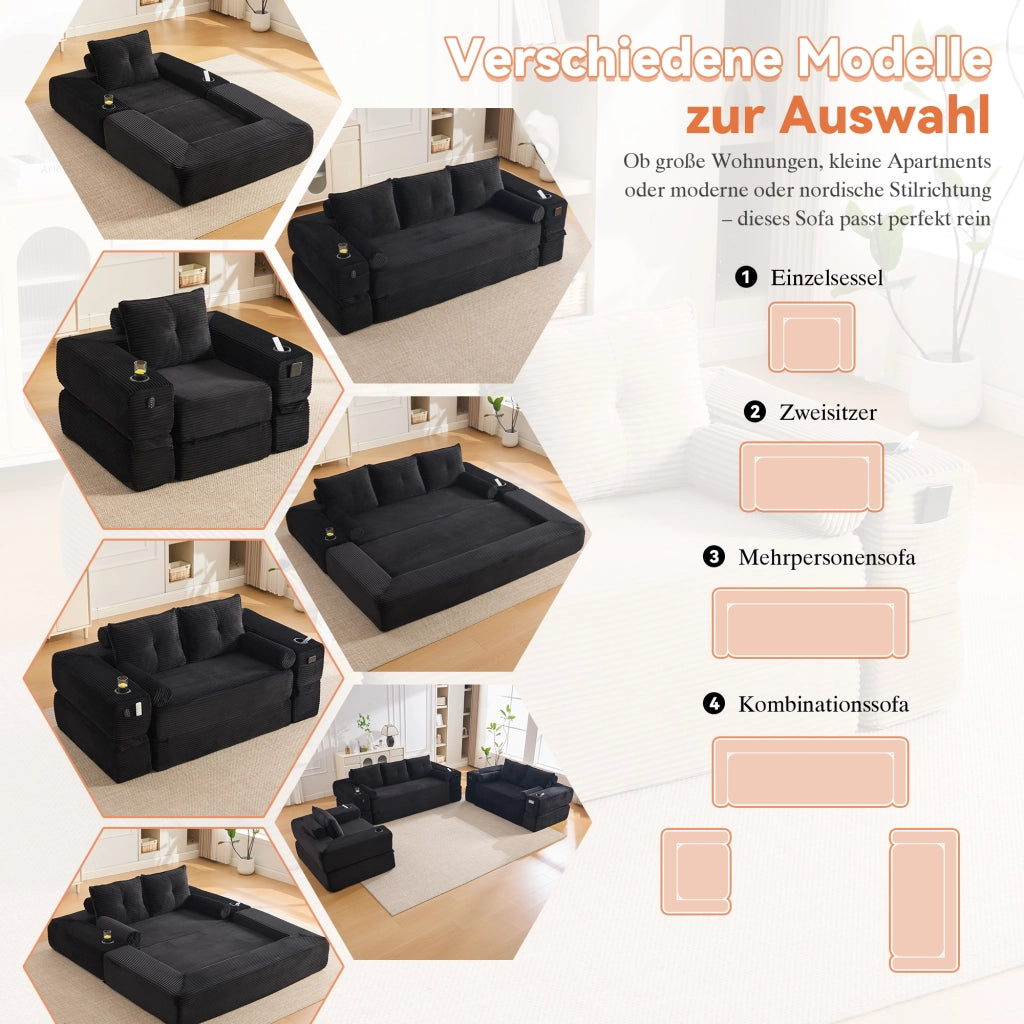 Divano convertibile in velluto a coste con molle, cuscini in memory foam, tasche laterali e portabicchieri nero