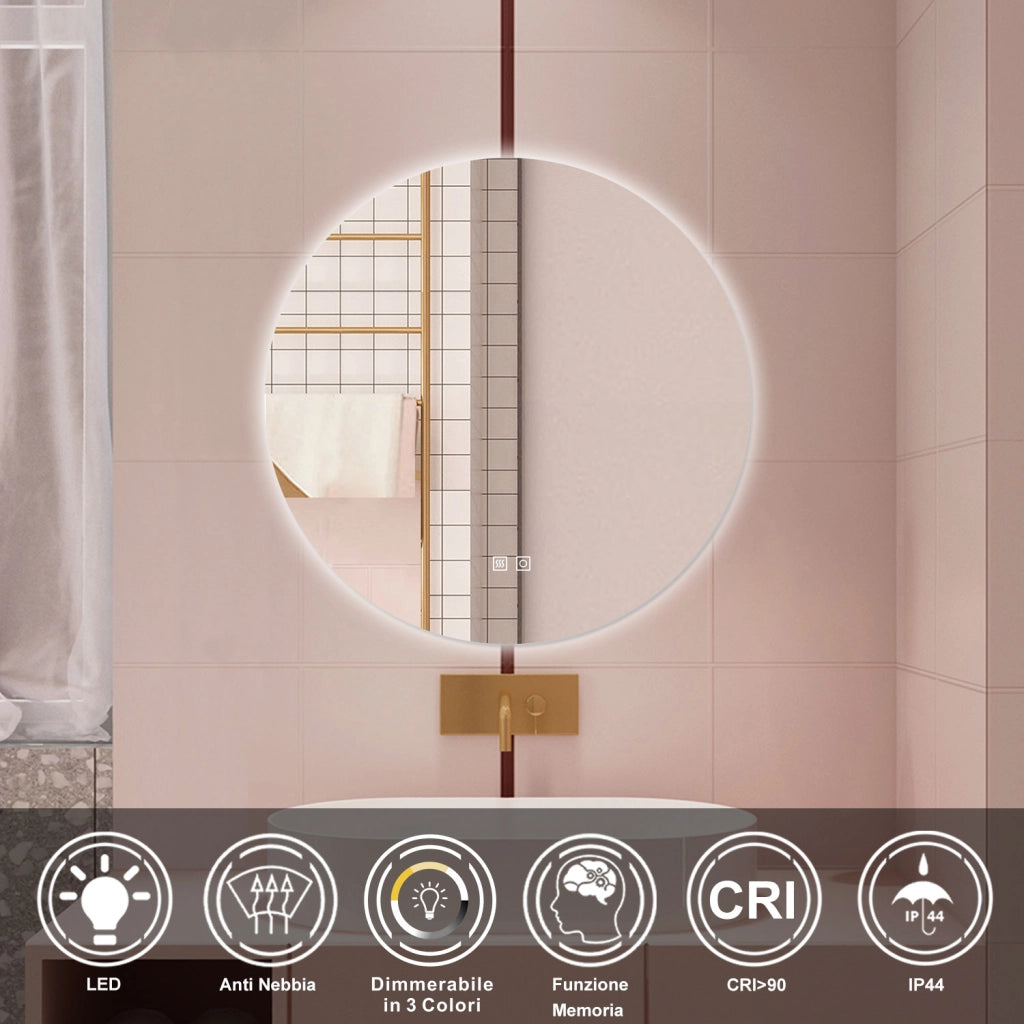 AICA Specchio da bagno 90 x 90 cm, 3 colori, antiappannamento, dimmerabile, interruttore touch, Funzione Memoria
