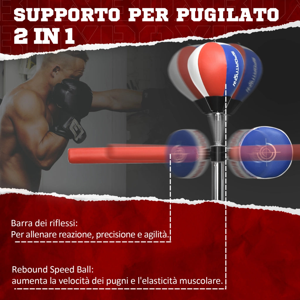 Sacco Boxe da Terra con Barra Girevole. Speedball e Colpitore. in Acciaio. HDPE e PU. 80.5x48x163-205 cm