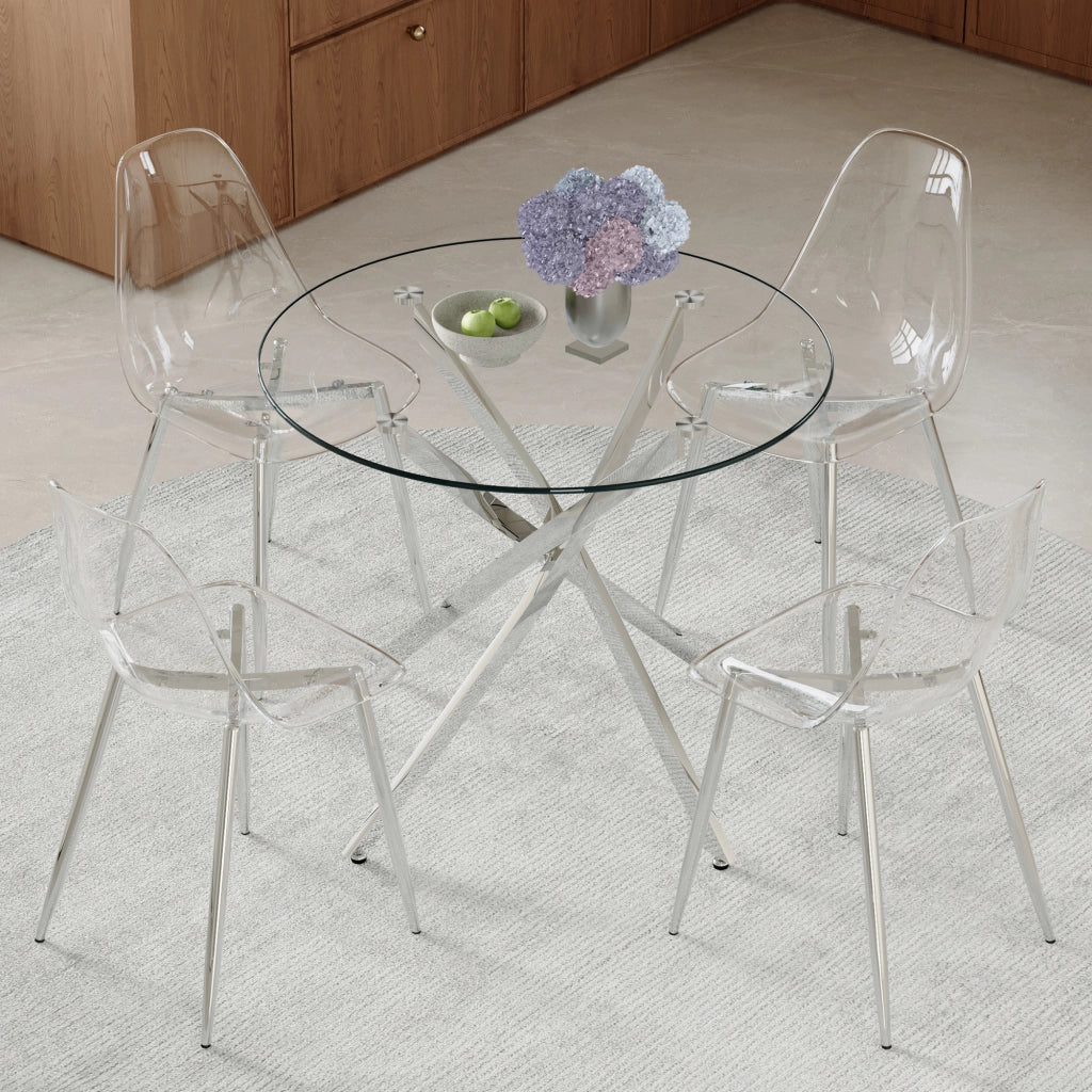 Set tavolo e sedie con 1 tavolo rotondo e 4 sedie in vetro temperato; plastica e metallo argento trasparente