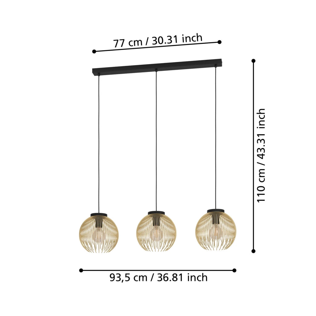 Lampadario Industrial-Nordico Acciaio Nero E Oro 3 Luci E27