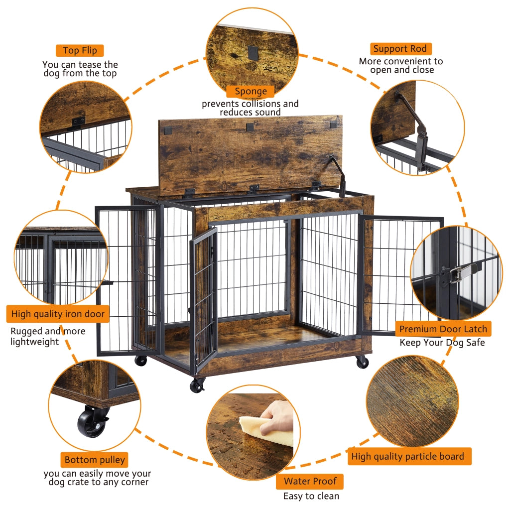 Scaffale per animali domestici in stile mobile con doppia porta, apertura superiore ribaltabile, ruote, truciolato e acciaio nero