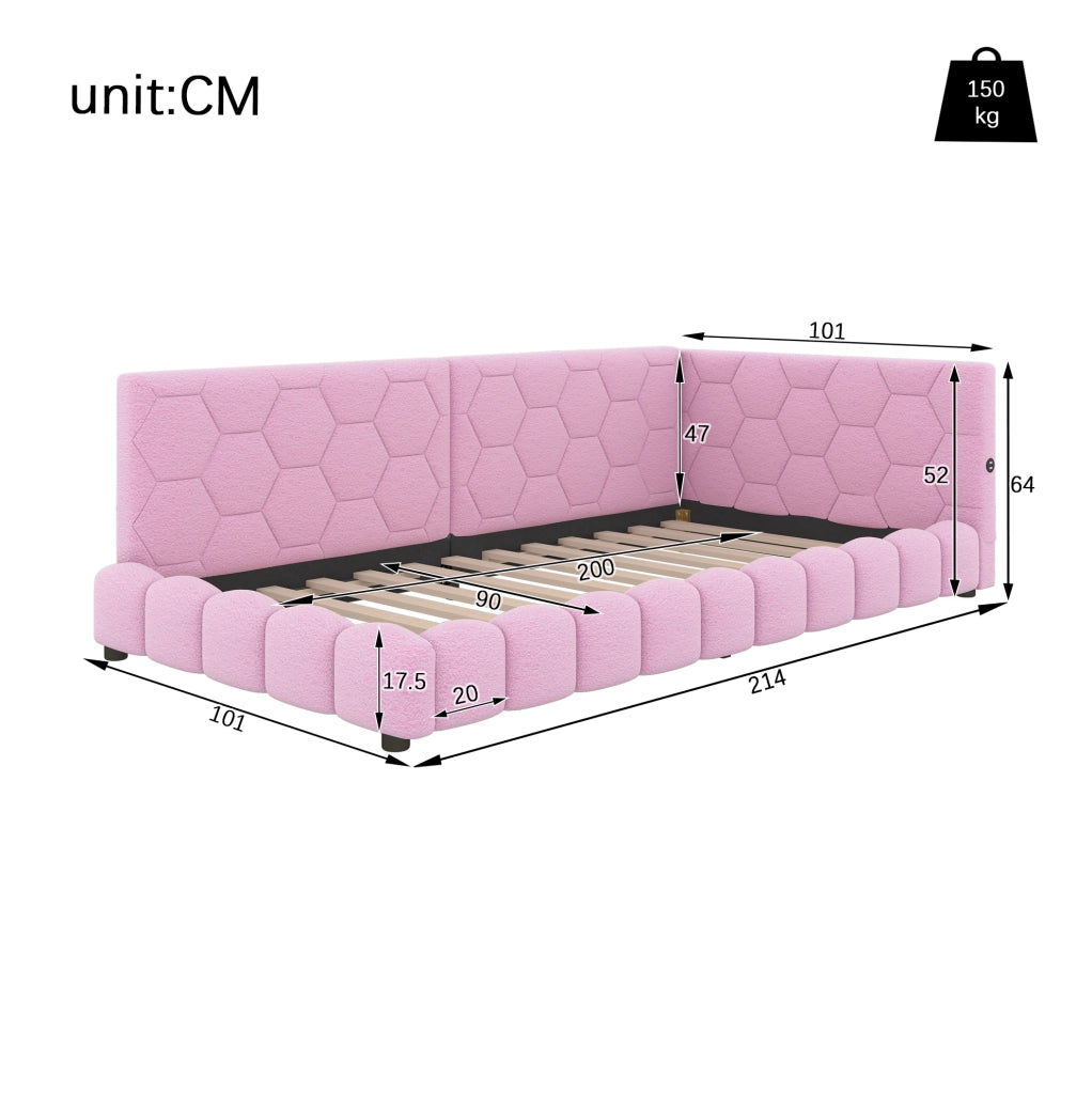 Divano letto singolo con LED regolabile; USB e Type-C; 90 x 200 cm; velluto rosa