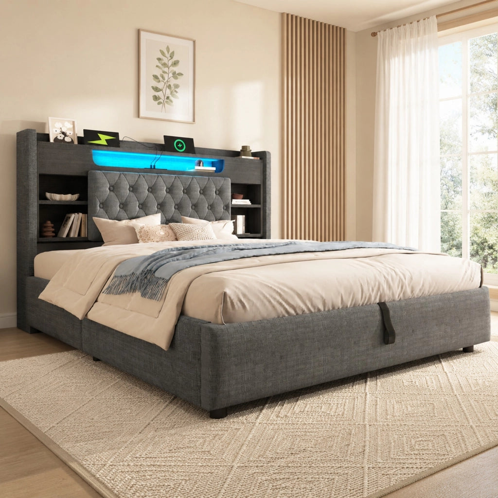 Letto Contenitore 140 x 200 cm - USB; USB-C; LED e Mensole - in Lino - Grigio