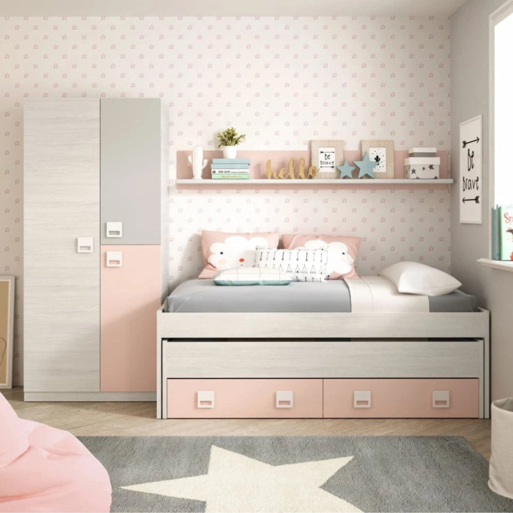 Letto singolo Asi, Struttura letto per cameretta, Letto singolo con lettino estraibile e 2 cassetti e mensola abbinata, cm 199x96h65, Bianco e Rosa