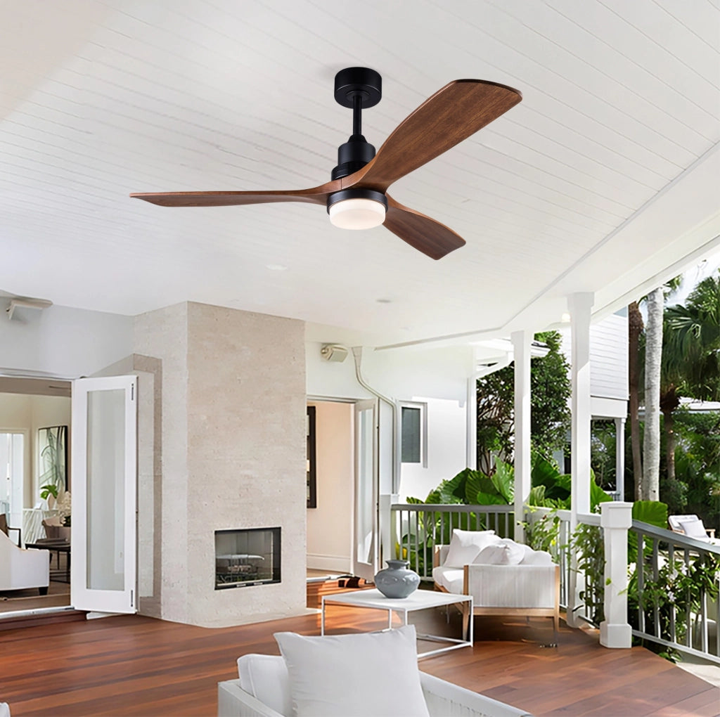 Ventilatore da soffitto con luce, telecomando, pale in legno massello, nero e noce scuro
