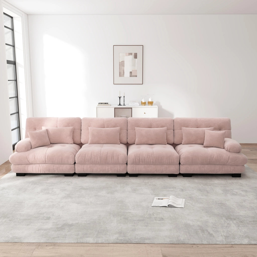 Divano angolare modulare 4 posti con seduta profonda e cuscini in chenille rosa per soggiorno e ufficio moderno