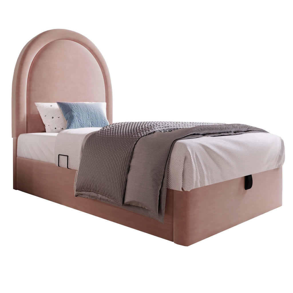 Letto imbottito singolo 90x200 cm in velluto rosa con contenitore idraulico, senza materasso