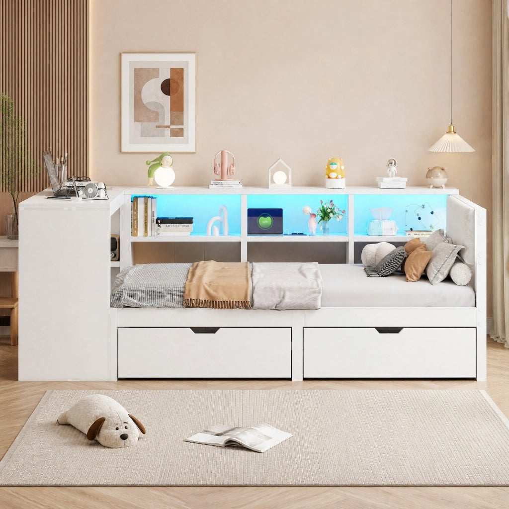 LETTO a piattaforma 90x200 cm bianco con testiera imbottita, ripiani, cassetti, USB e LED