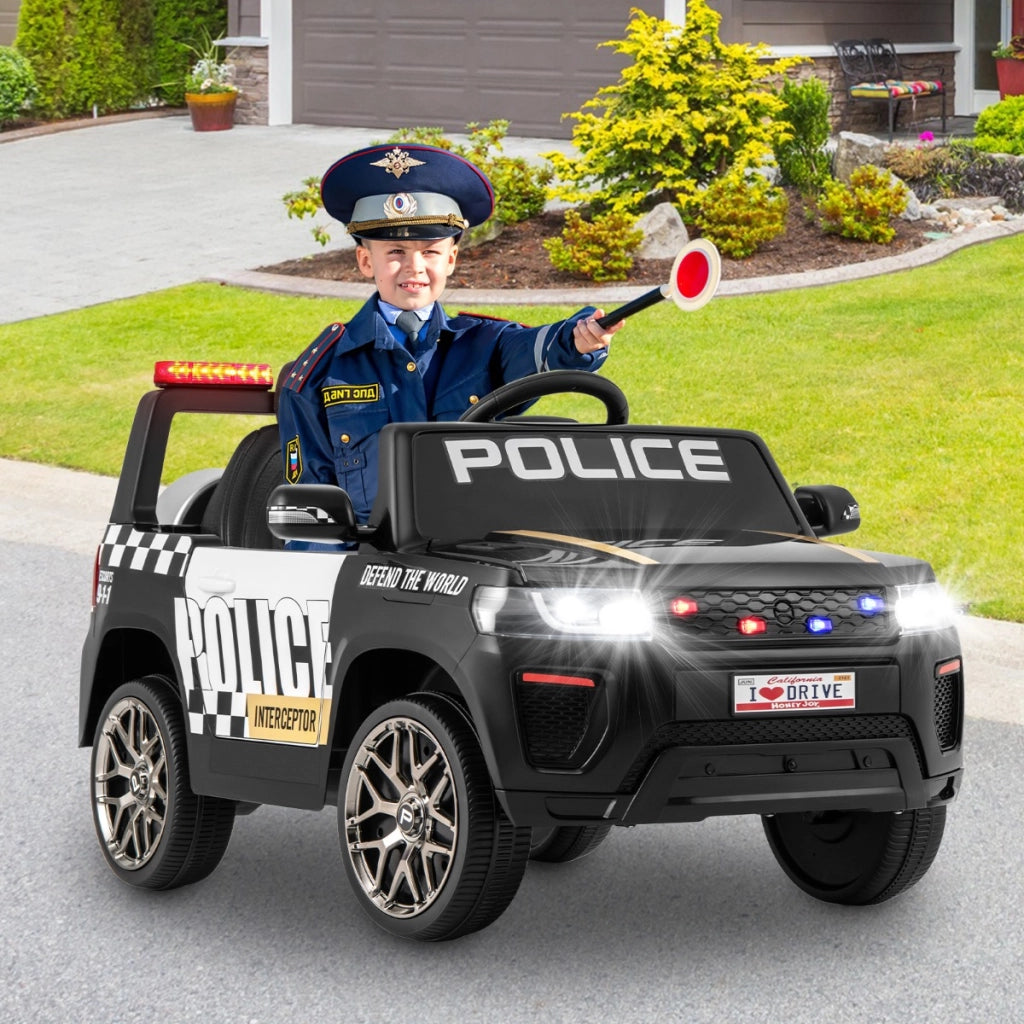 Auto della polizia per bambini con telecomando connessione wireless musica clacson sirena e luci LED, Auto elettrica Nero