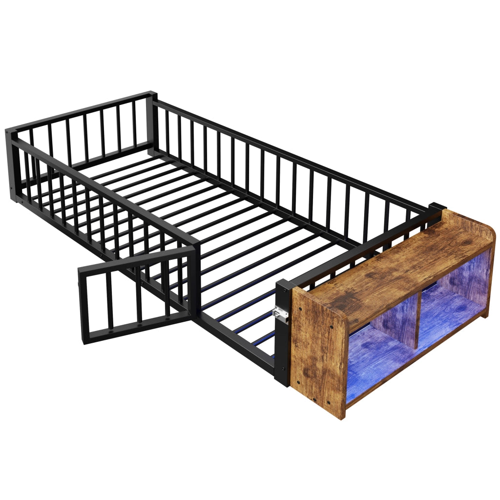 DESMIU Letto bambino 90 × 200 cm con cassetto, ripiano e LED, con sponda di sicurezza, senza materasso, in metallo e MDF, nero