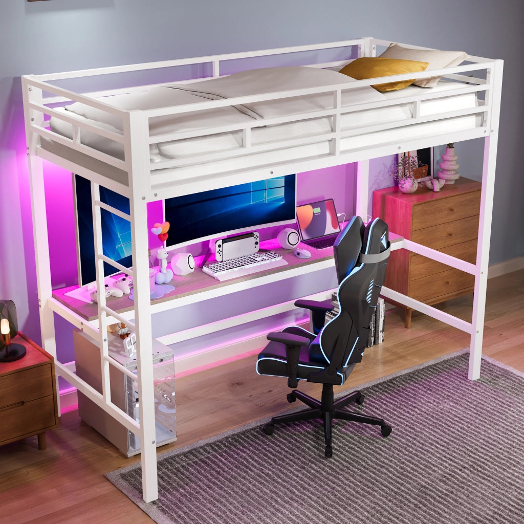 OKWISH Letto a Soppalco 90×200 cm, Letto Singolo con Scrivania, LED Regolabile e Porte USB Tipo C, senza Materasso, Metallo, Bianco