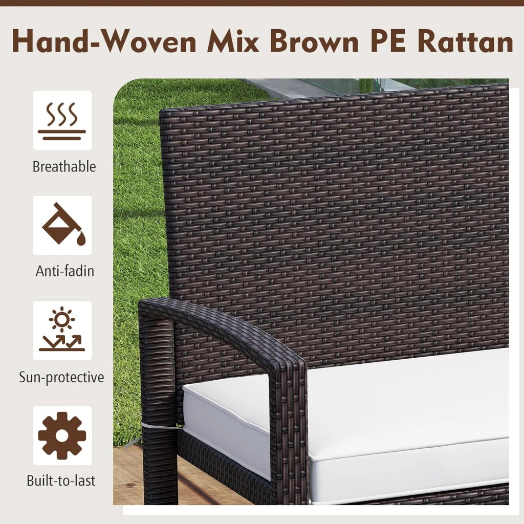 Panca da Giardino 2 Persone in Rattan, Panca da Esterno con Cuscino di Seduta Rimovibile, Struttura in Metallo, Carico 360 kg, Schienale e Braccioli, per Veranda, Giardino, Balcone, Terrazza