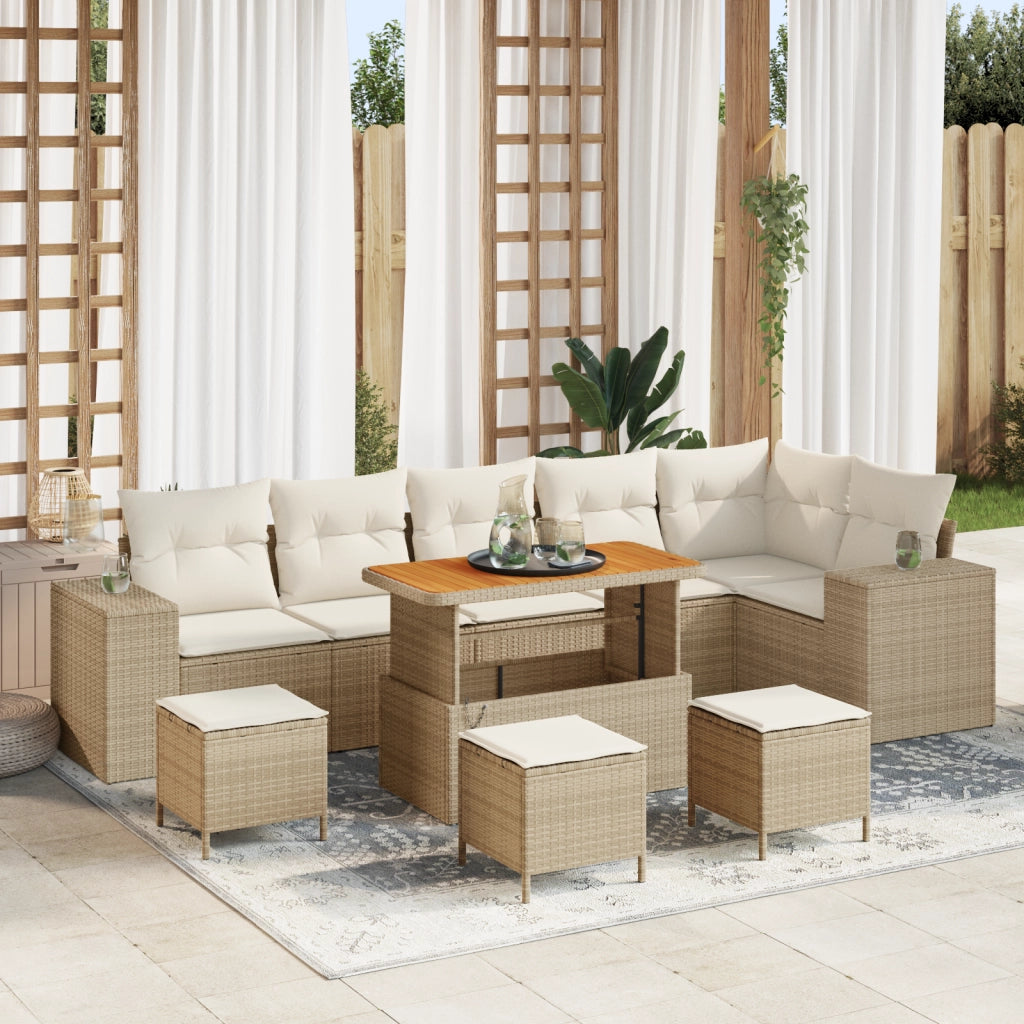 Set Divano Giardino 10 Pezzi con Cuscini Beige Polirattan Acacia