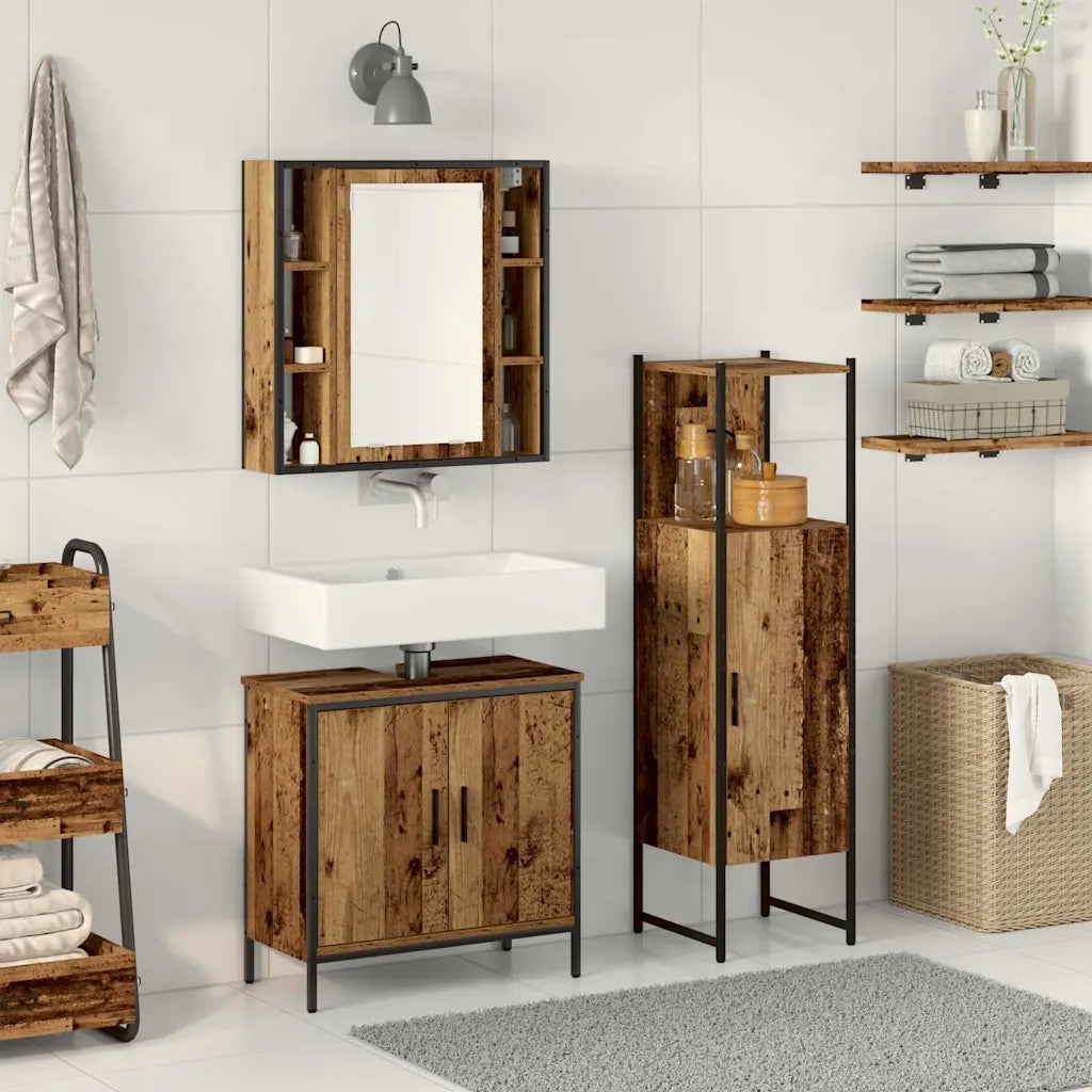 Set di mobili per il Bagno | Armadio da bagno 3 pz Marrone Legno multistrato