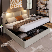 Letto matrimoniale imbottito 140x200 con contenitore, lampada da lettura, USB e rete a doghe