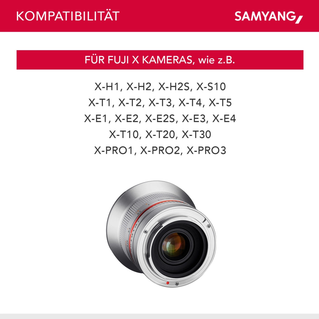 Obiettivo grandangolare a focale fissa 12mm F2.0 APS-C compatibile con Fuji X - APS-C, MF - per fotocamera X-T5, X-H2, X-H2s, X-T4, X-T30, X-T30 II, X-T200, X-Pro3, X-A7, X-T100, X-T3 Argento