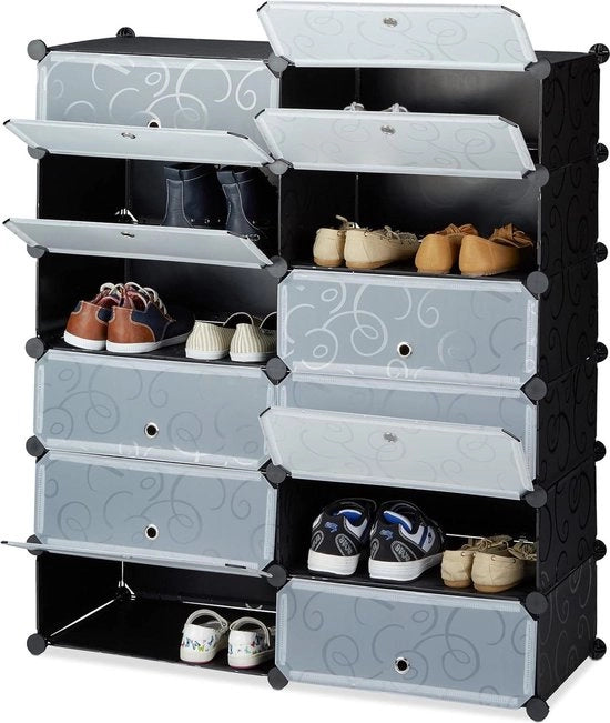 Scaffale per Scarpe con 12 Comparti in Plastica con Sistema di Click - Nero - 108 x 94 x 37 cm
