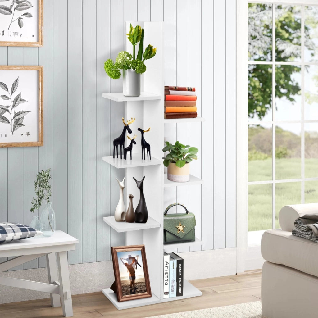 Libreria ad albero autoportante a 8 ripiani in legno-Stand espositivo multifunzionale per libri e piante Bianco