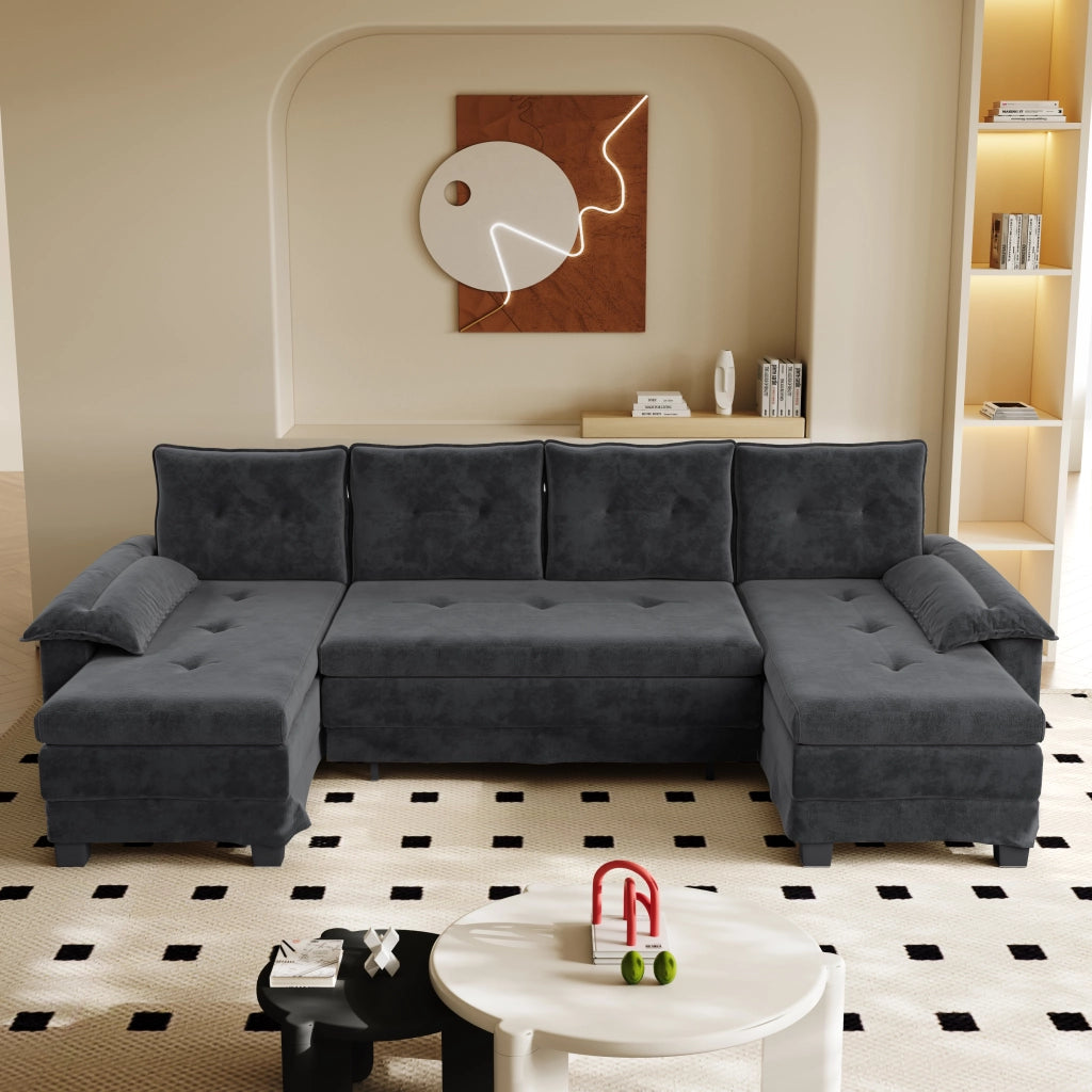 Divano Letto Angolare Modulare ¨C MINIMAL ¨C Grigio, con USB, Braccioli Rimovibili, 278 cm