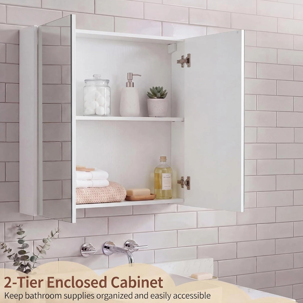 Armadietto da Bagno con Specchio, Mobiletto da Parete in Legno a 2 Livelli, Mobile da Bagno Salvaspazio con Doppia Anta per Camera da Letto, Ingresso e Soggiorno, 62 x 11 x 65 cm (Bianco)