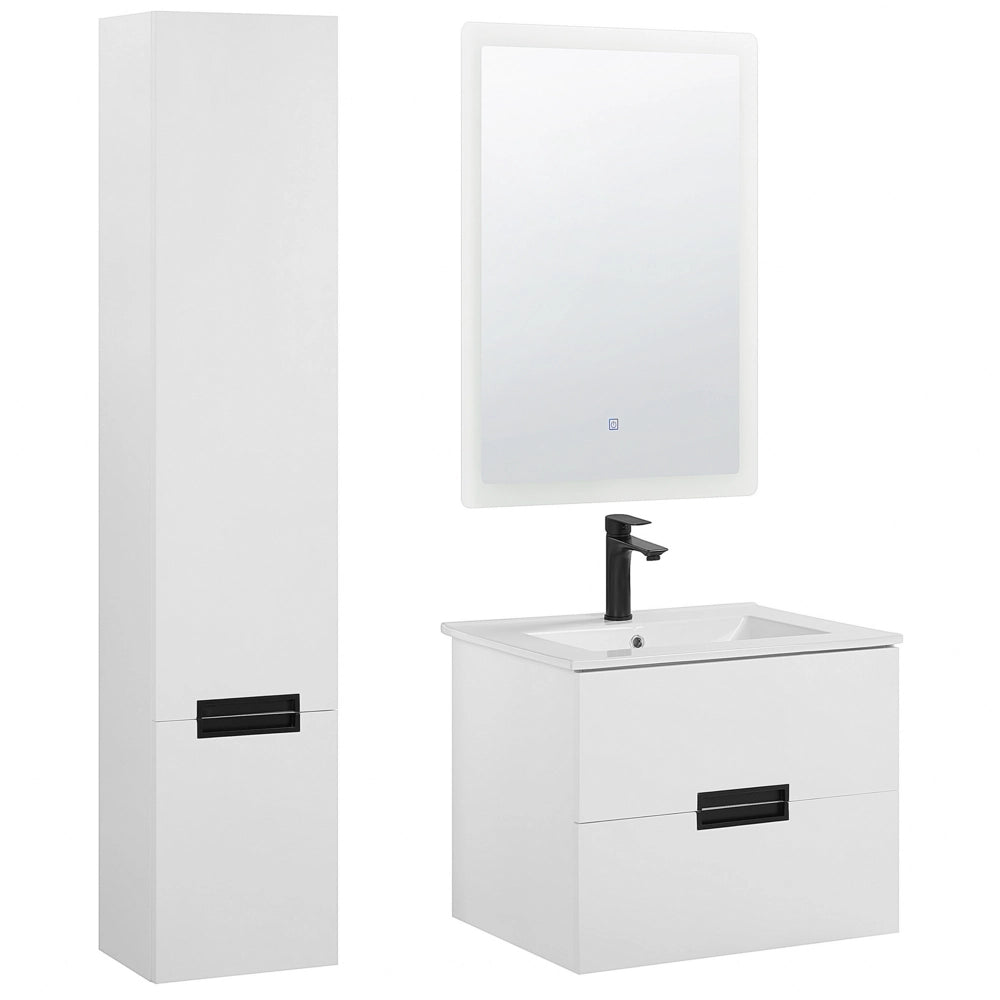 Set di 3 mobili da bagno in MDF bianco con lavabo in ceramica montaggio a parete mobiletto alto specchio rettangolare a LED