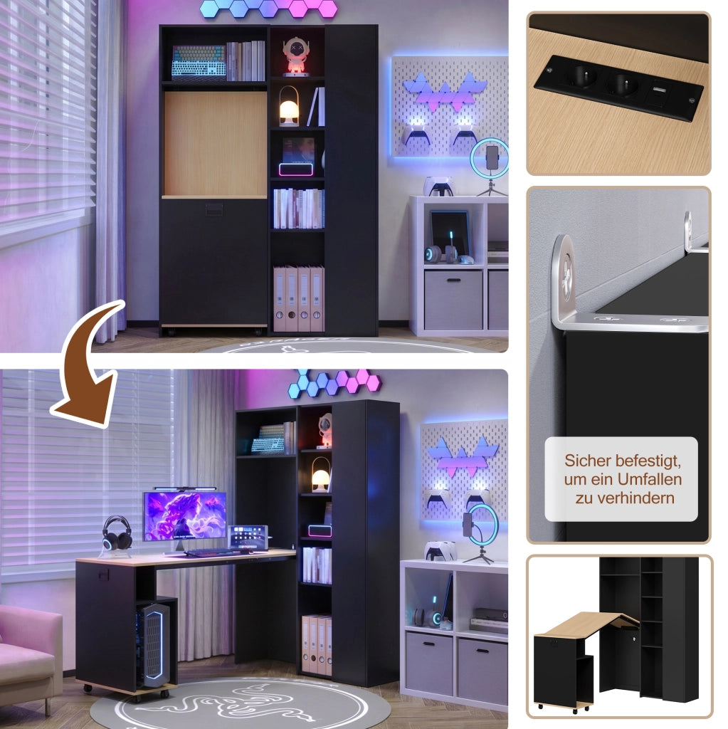 Scrivania pieghevole 2 in 1 con libreria; presa EU e USB; MDF; Nero/Rovere
