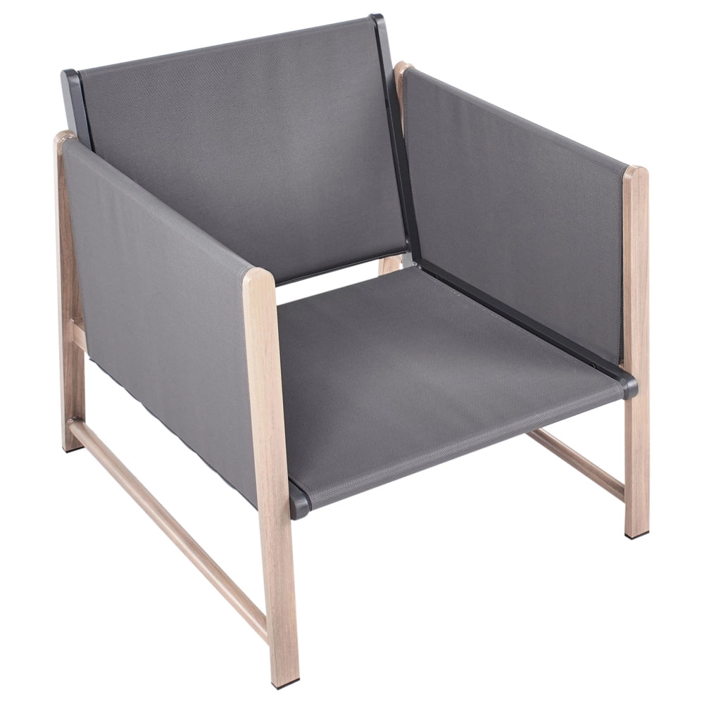 Set di divani da giardino a 5 posti Struttura in metallo grigio con finitura in legno Piano in vetro Divano a 3 posti Ottomano Poltrone