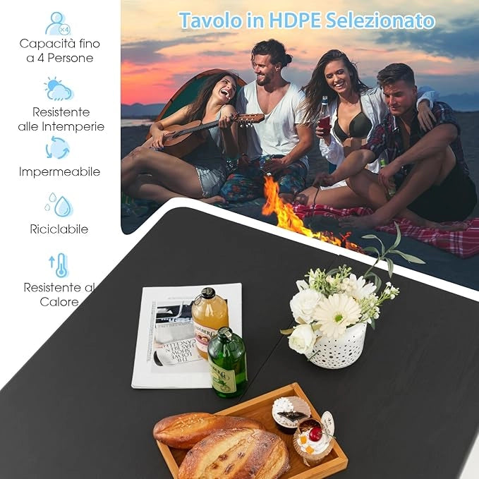 Tavolo da Campeggio Pieghevole, Tavolo da Picnic Portatile con Maniglia, Tavolino da Pranzo Leggero per Esterni con Piano in HDPE, Portata 100 kg (Grigio)