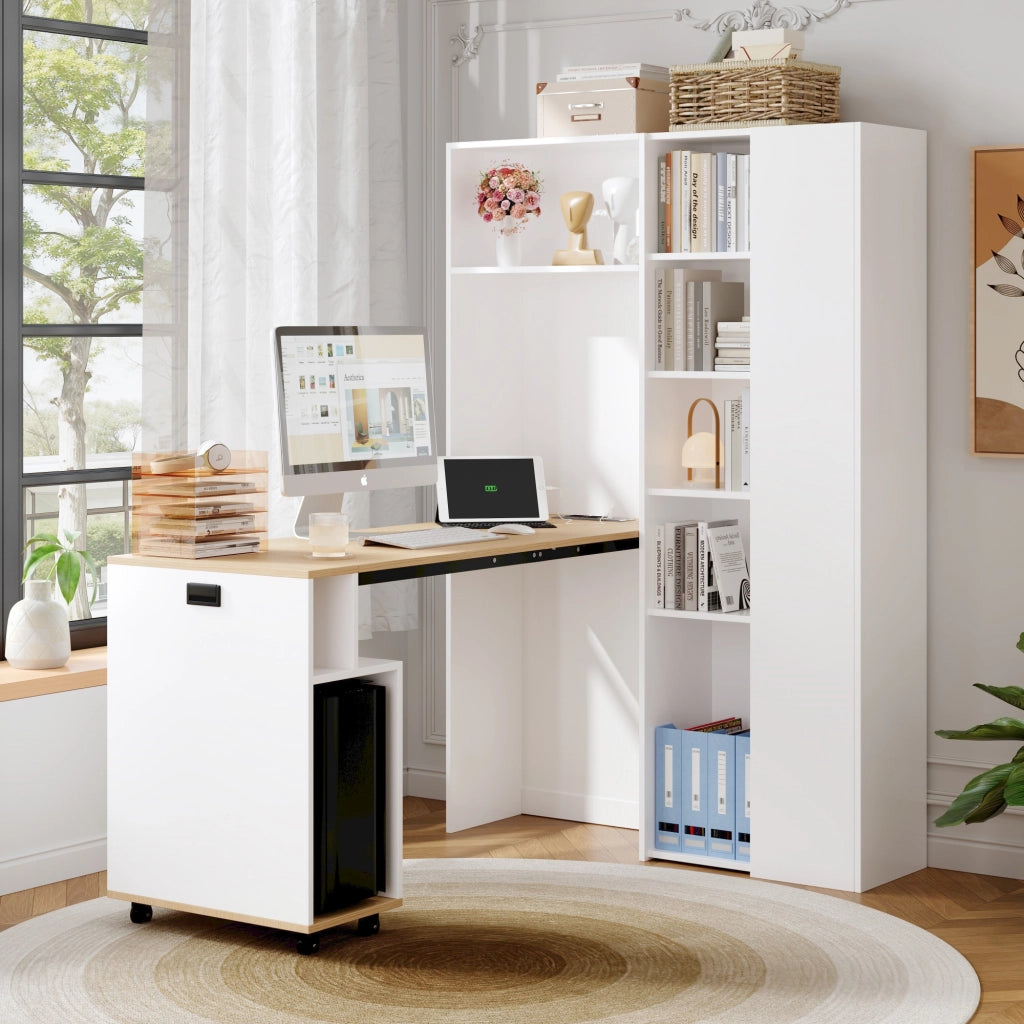Scrivania pieghevole 2 in 1 con libreria, presa EU e USB, ripiani regolabili, anti-ribaltamento, bianco rovere