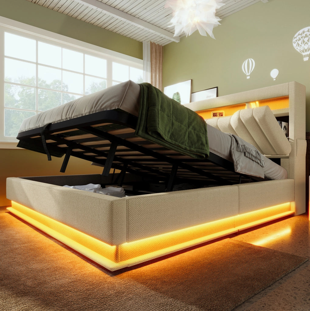 Letto matrimoniale 140x200 beige con materasso, LED, USB-C e contenitore idraulico