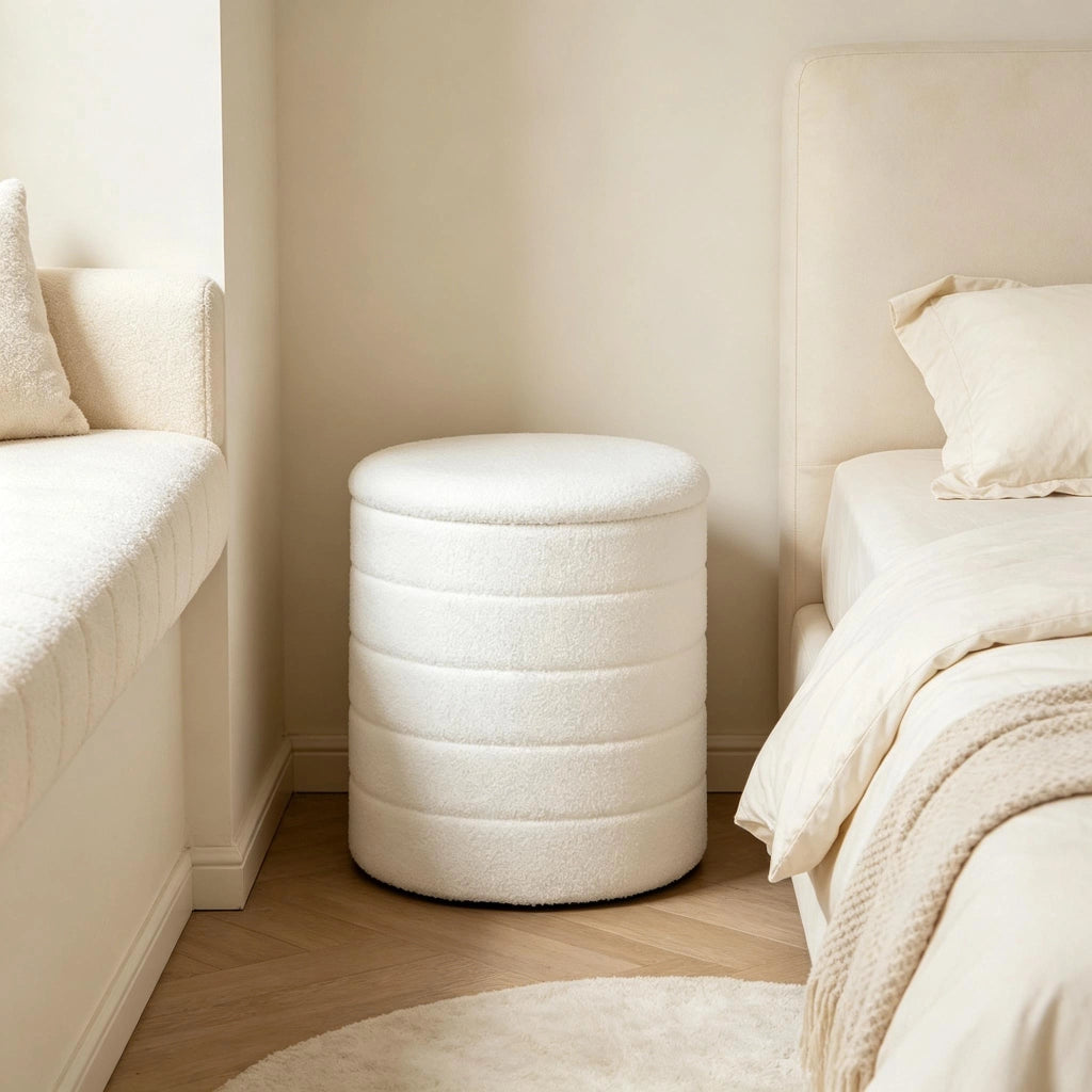 Pouf contenitore pieghevole con spazio portaoggetti coperchio reversibile seduta imbottita in teddy fleece bianco