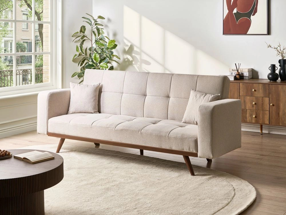 Divano letto beige chiaro Rivestimento in poliestere Trapuntato 3 posti Gambe in ferro Braccioli tradizionali Stile tradizionale Soggiorno