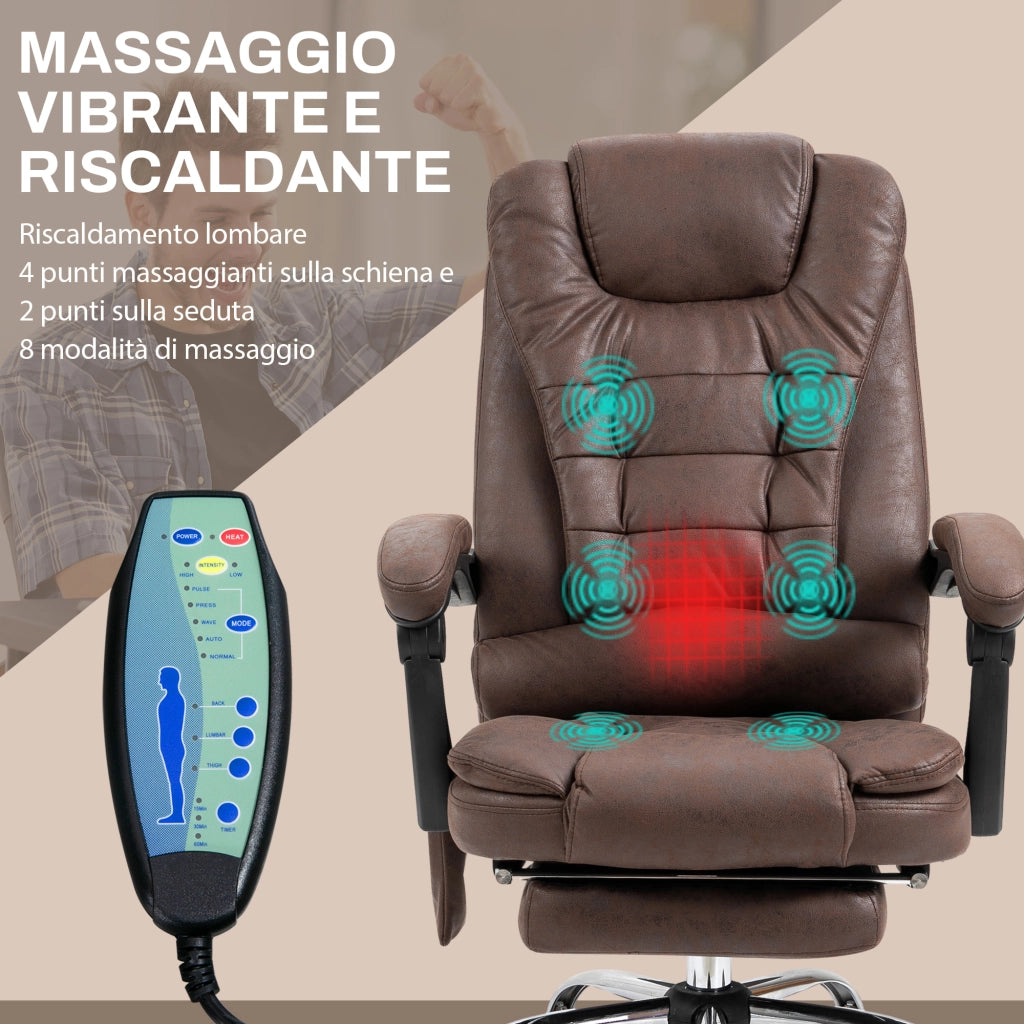 Poltrona da Ufficio Massaggiante con Riscaldamento, Reclinazione e Altezza Regolabile, Marrone